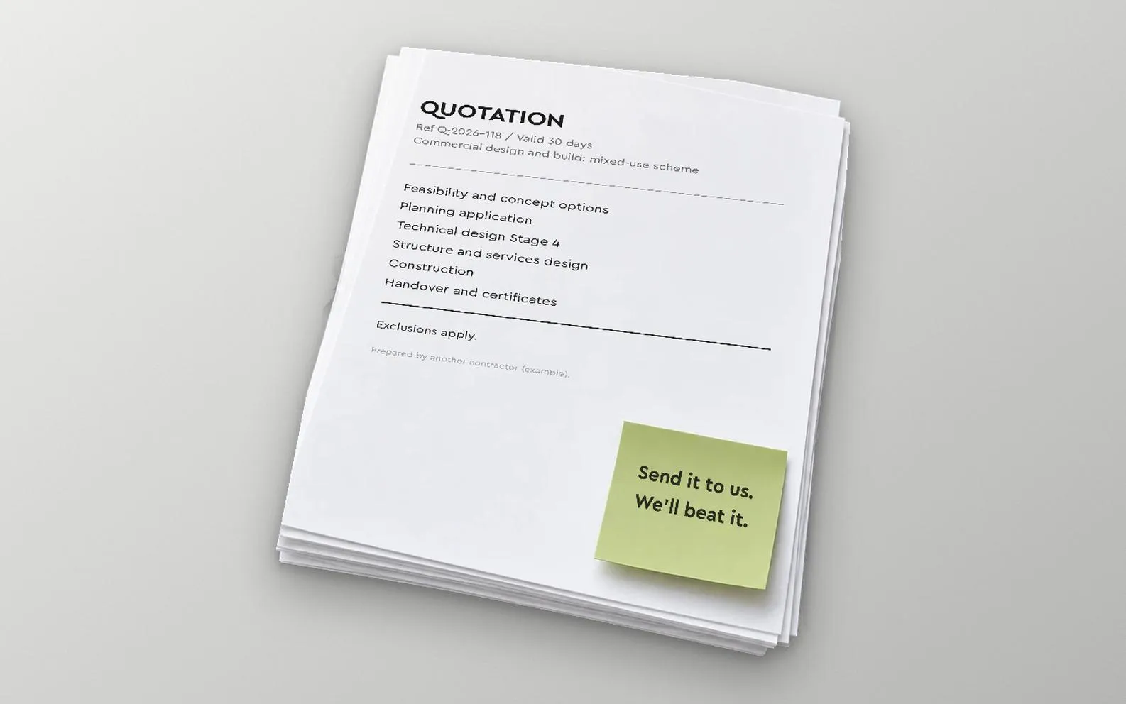 Example commercial design quotation from another firm, items listed, with the note: send it to us, we will beat it