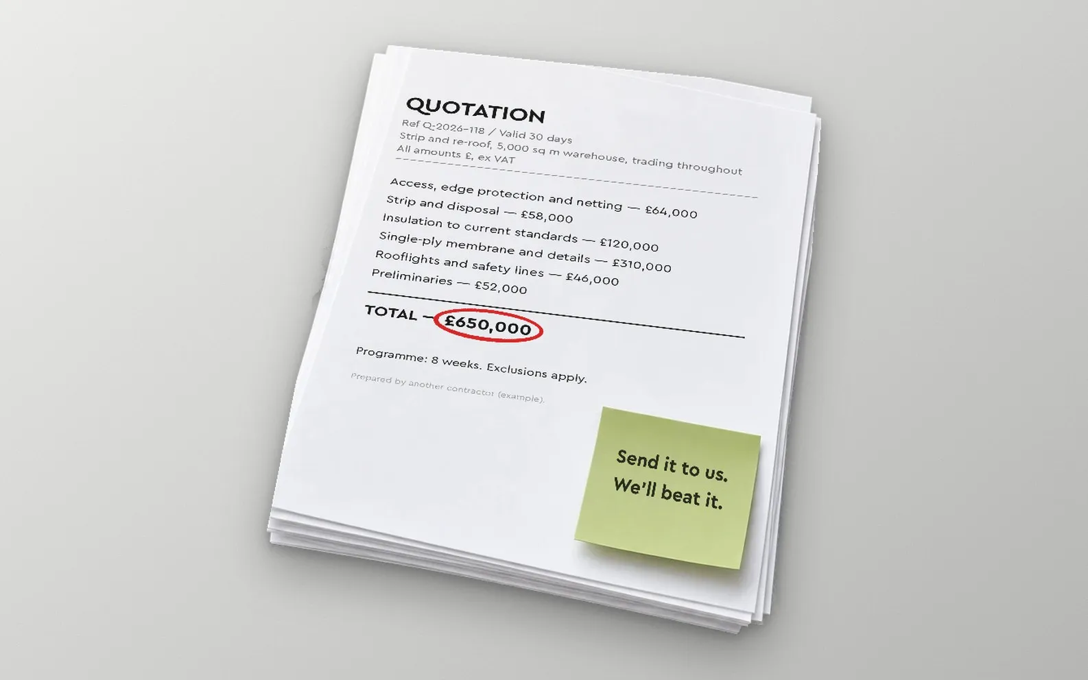 Example contractor quotation for a strip and re-roof of a warehouse