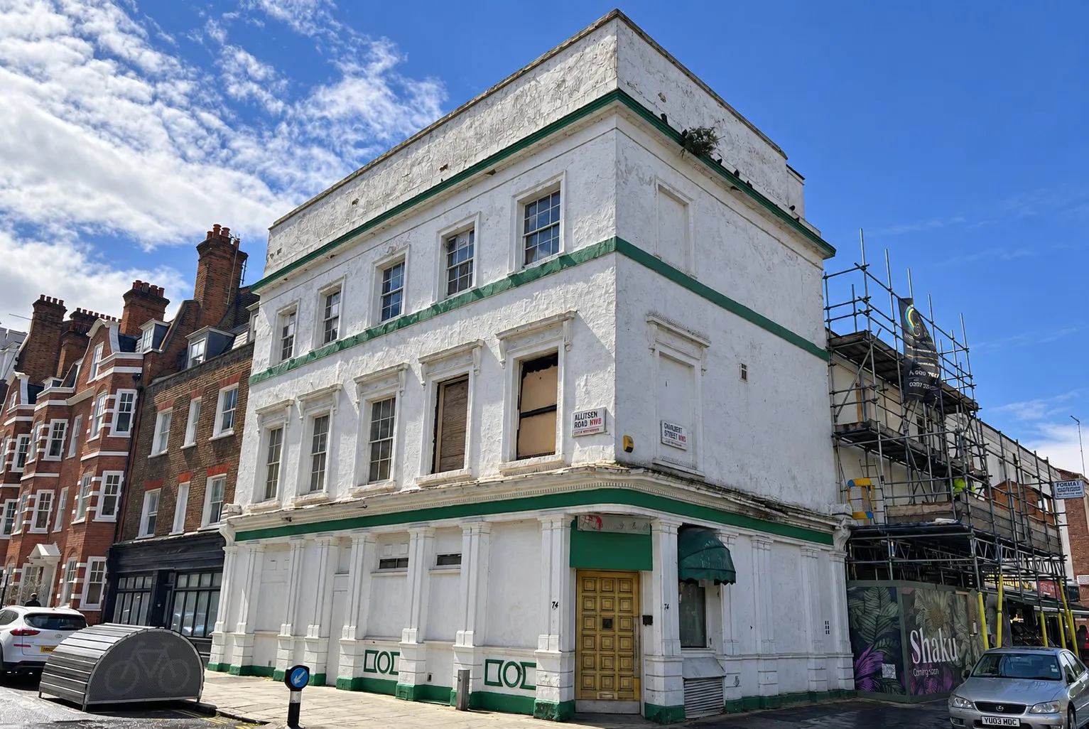 Vacant corner building on Allitsen Road, St John's Wood, before redevelopment