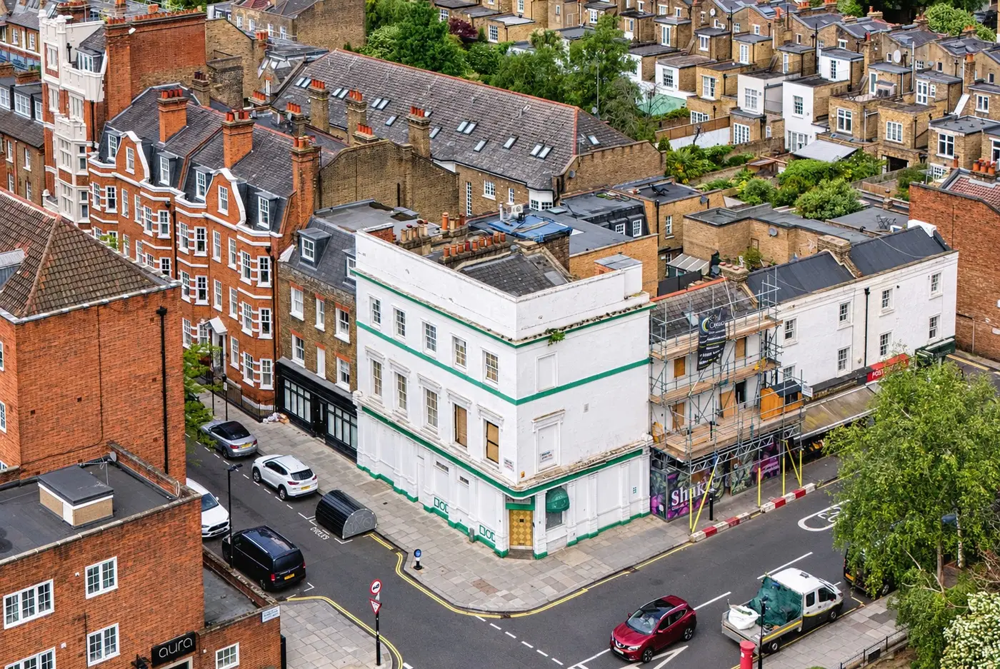 Drone view of 74 Allitsen Road, a corner development site in St John's Wood