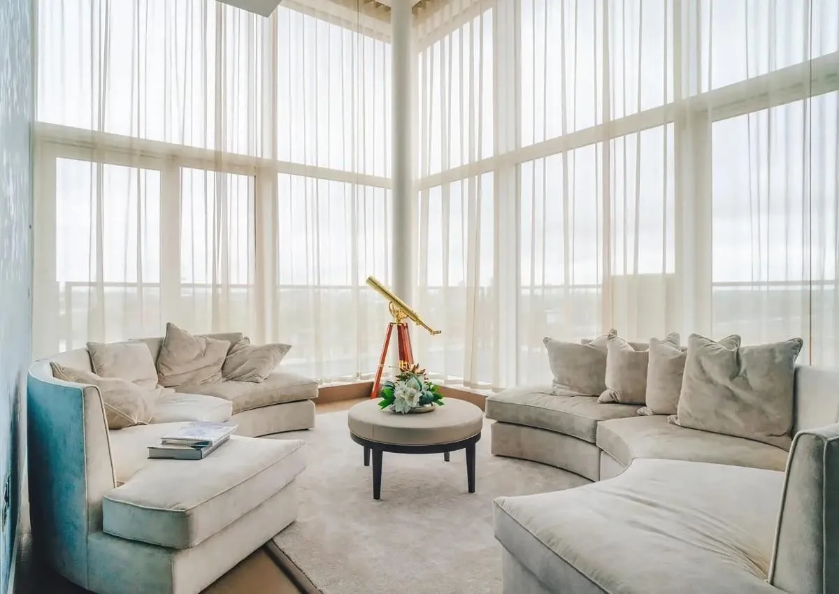 Finished double-height living room at the Pan Peninsula penthouse, Canary Wharf, a Craftex residential project
