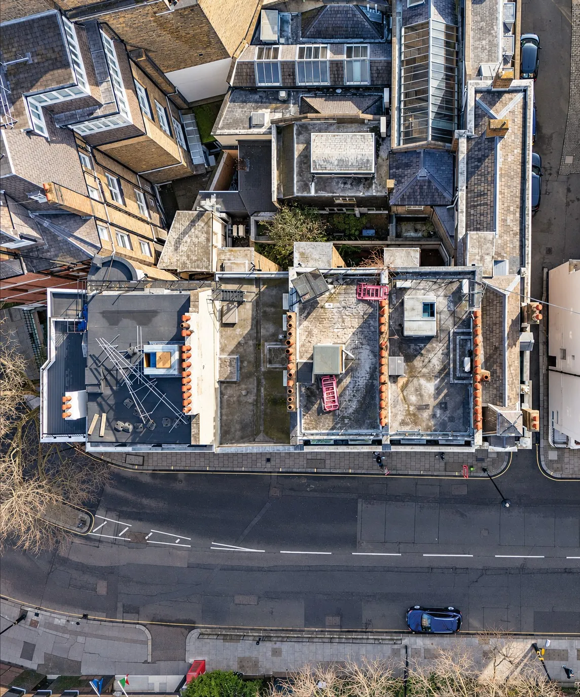 Roofs of a London terrace photographed straight down by drone during a site appraisal