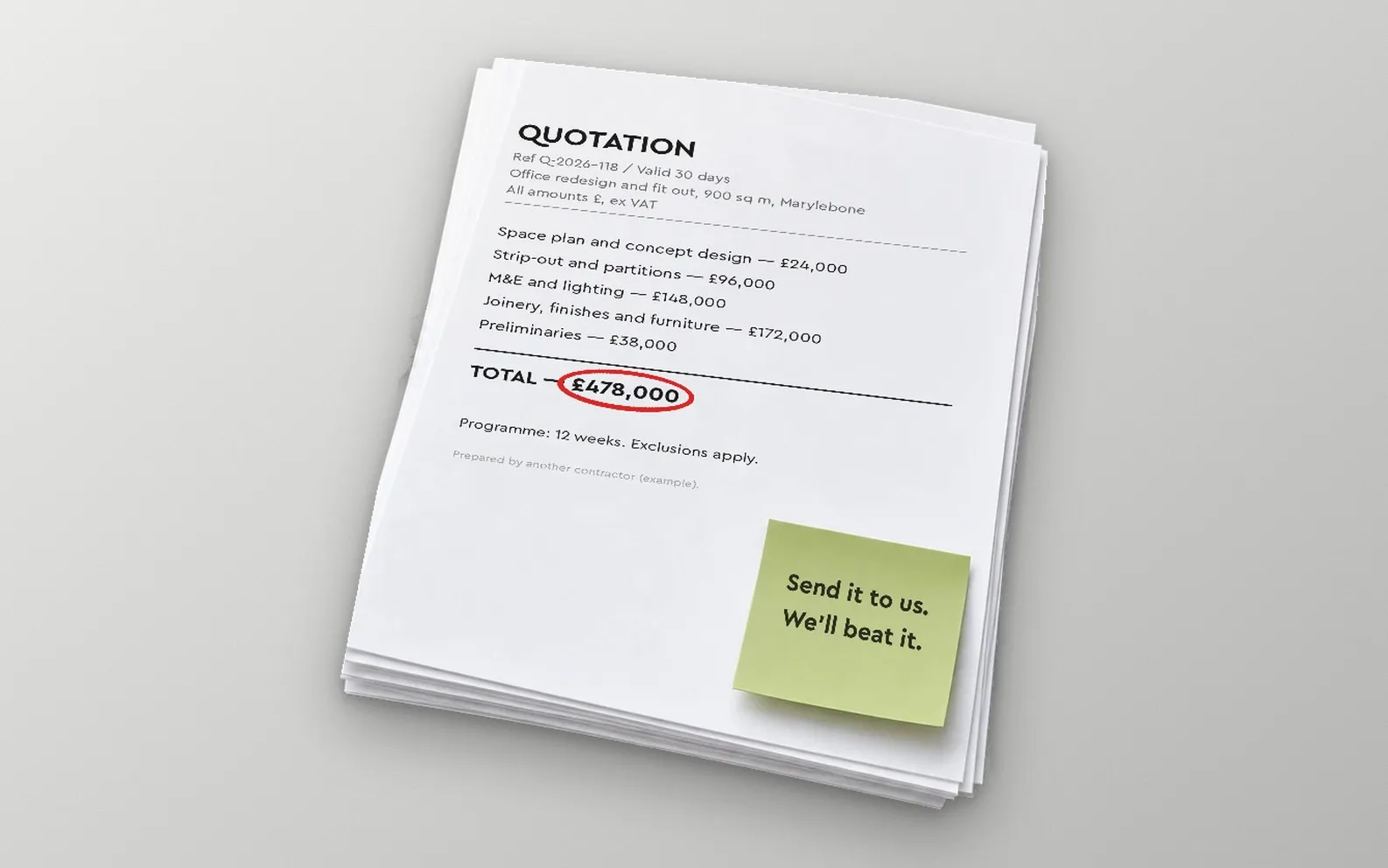 Example quotation for a 900 sq m office redesign, with a note saying send it to us, we will beat it