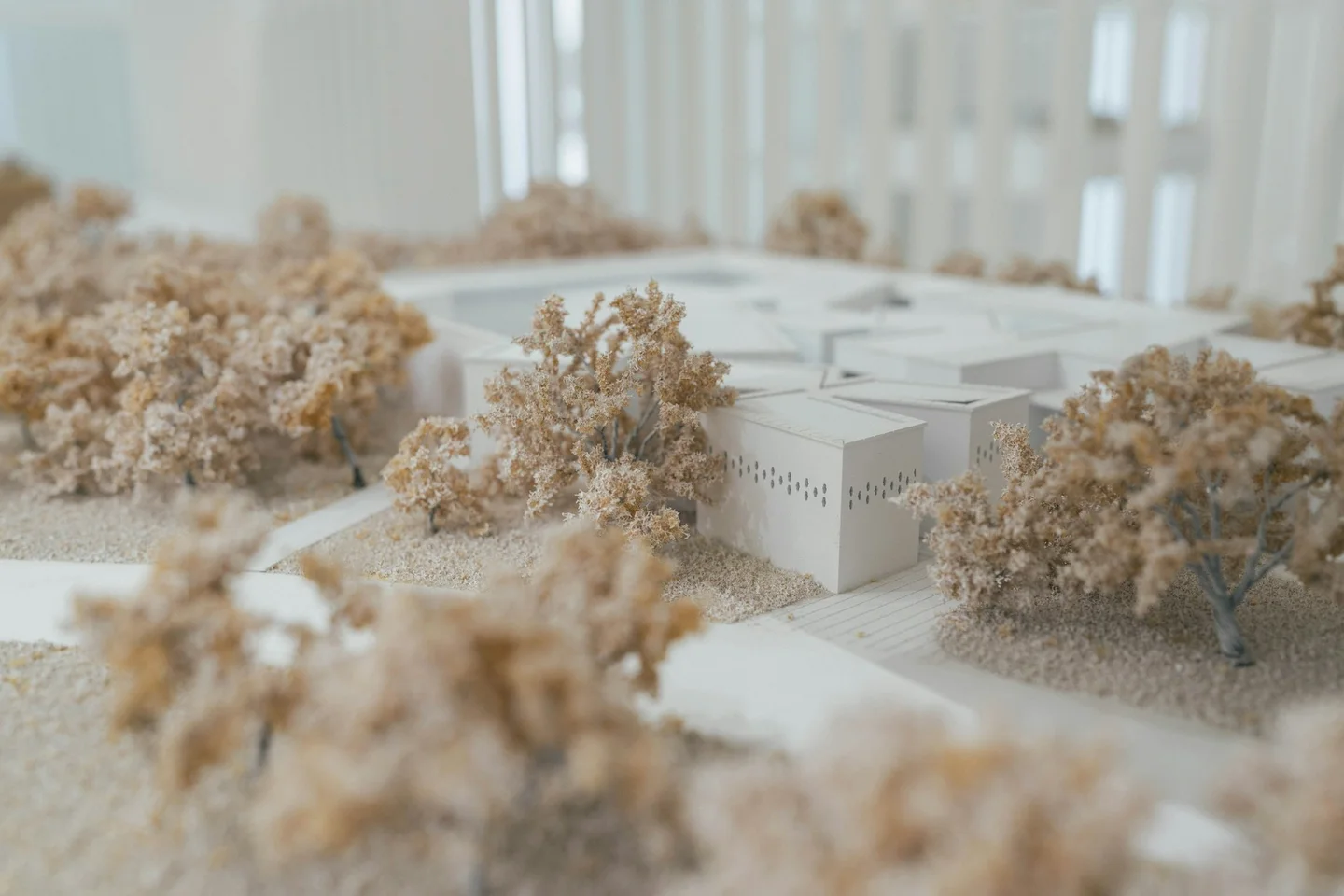 Architectural site model with white buildings and trees on a plinth