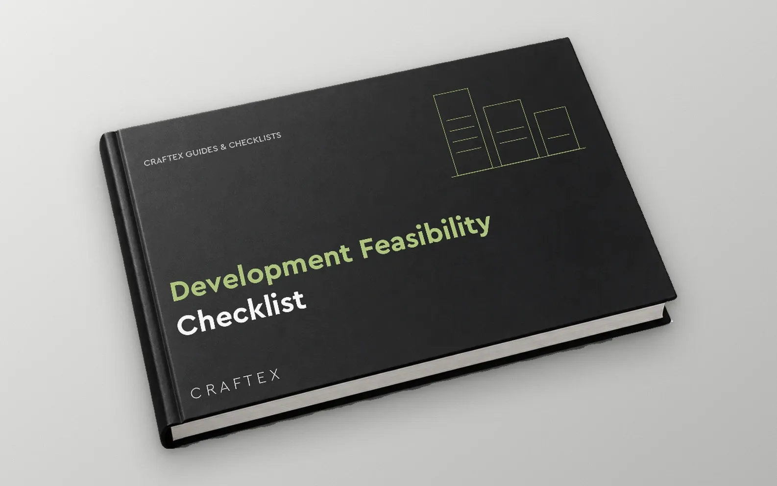 The free Craftex checklist for development feasibility, shown as a black hardback book