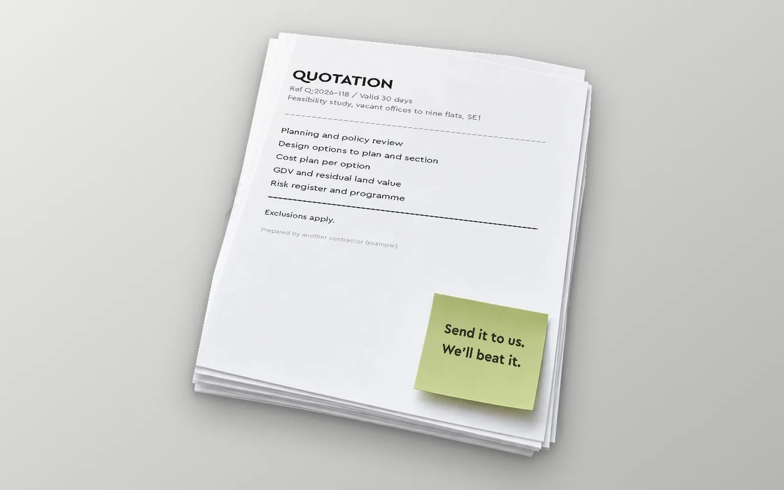 Sample feasibility study quotation from another firm, five scope lines, with a green sticky note inviting you to send yours
