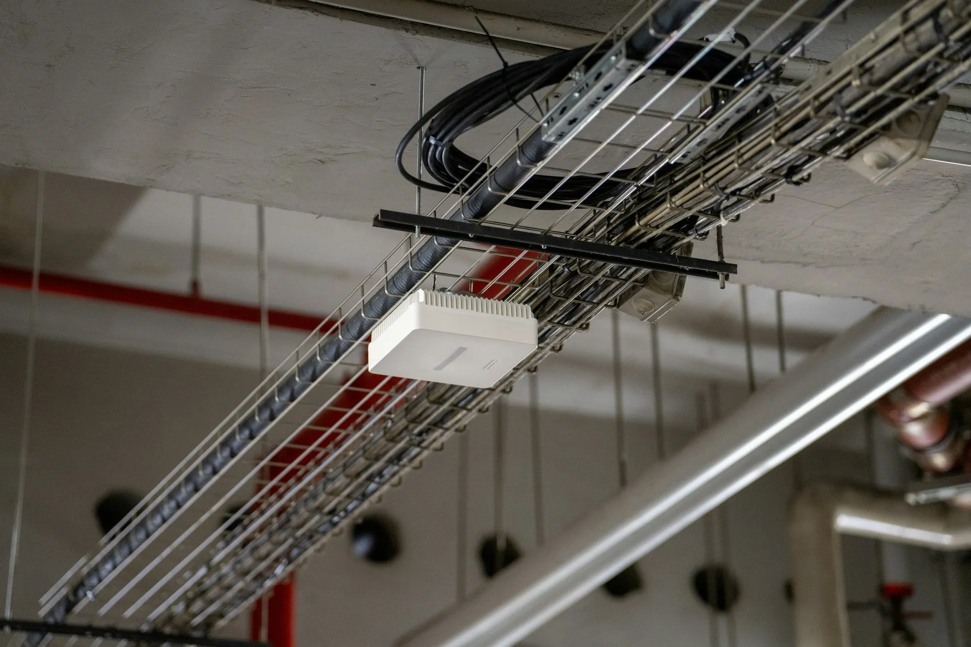 Cable tray and sprinkler pipework running under a soffit