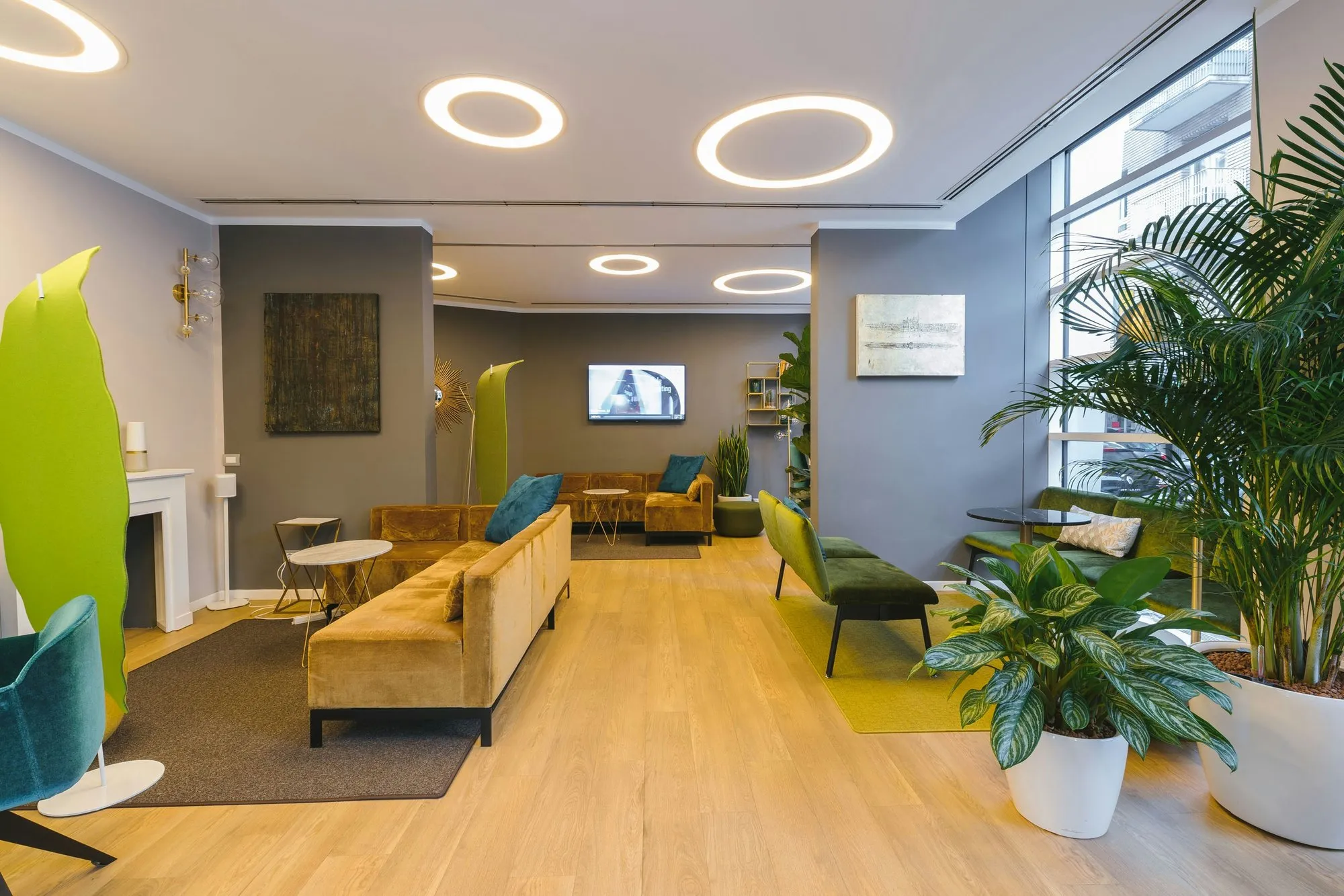 Coworking lounge with a timber floor, velvet sofas, ring lights and full-height glazing
