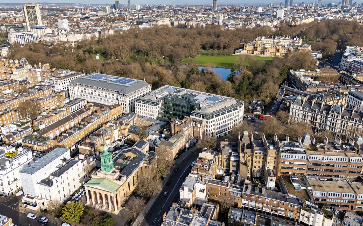 Belgravia from above, looking towards Buckingham Palace and the park