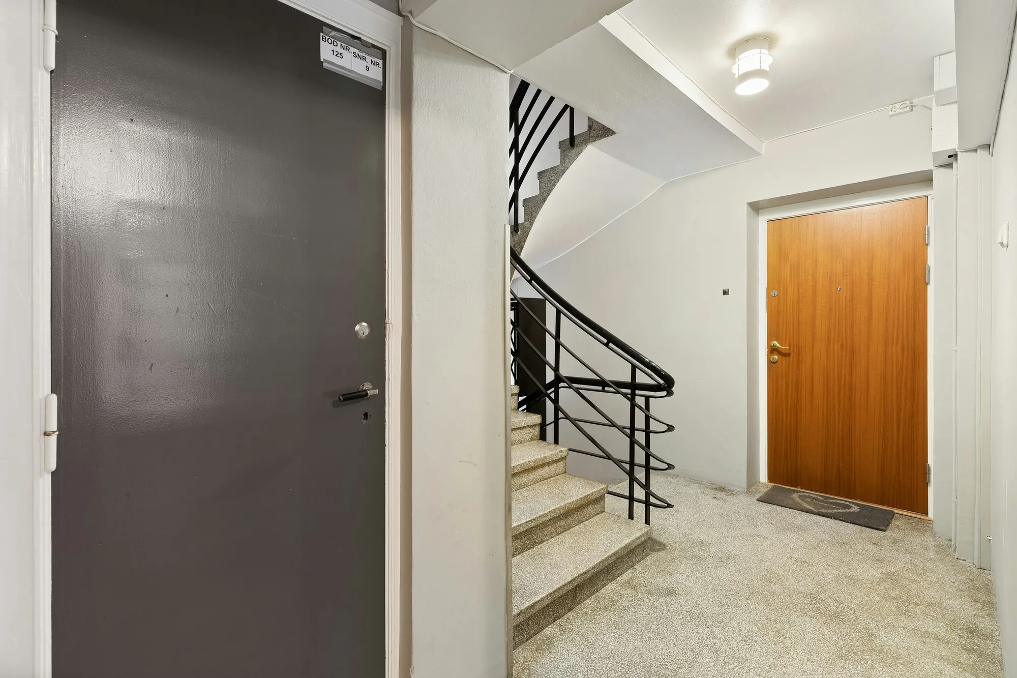 Communal stairwell landing with two flat entrance doors
