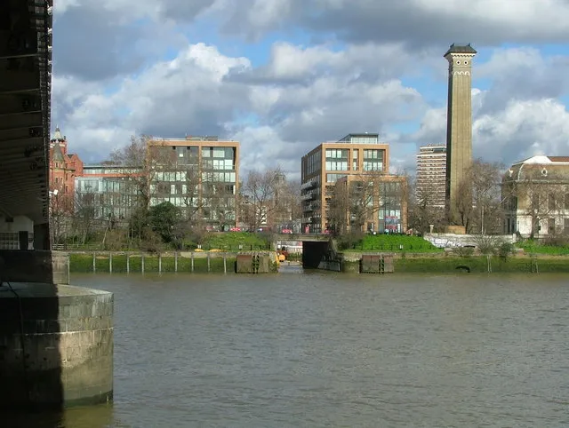 Grosvenor Waterside and the Western Pumping Station chimney from the Thames