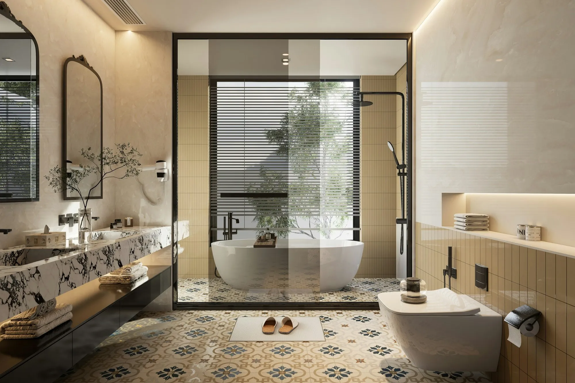 Marble hotel en-suite with a walk-in shower and a vanity with brass fittings
