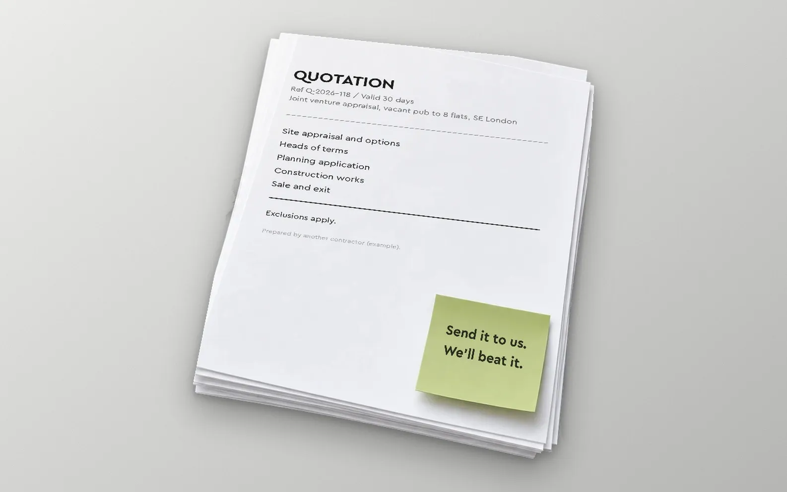 Example joint venture appraisal from another firm on a stack of paper with a note: send it to us, we will beat it