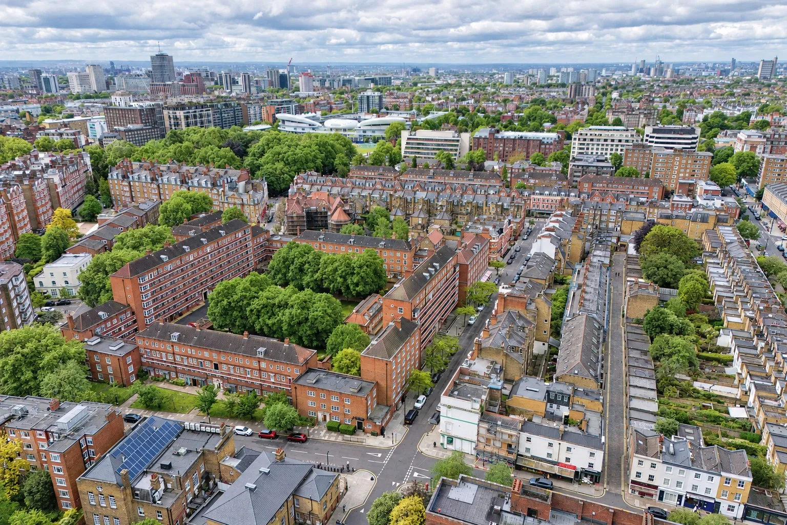 Drone view over St John's Wood towards central London