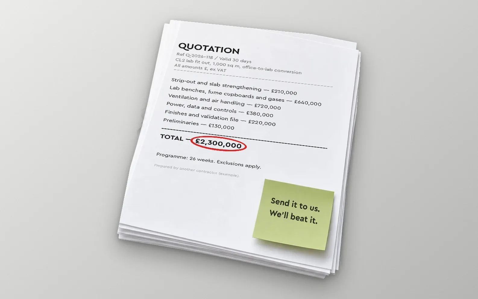 Example quotation sheet for a CL2 laboratory fit-out, with a note saying send it to us, we will beat it
