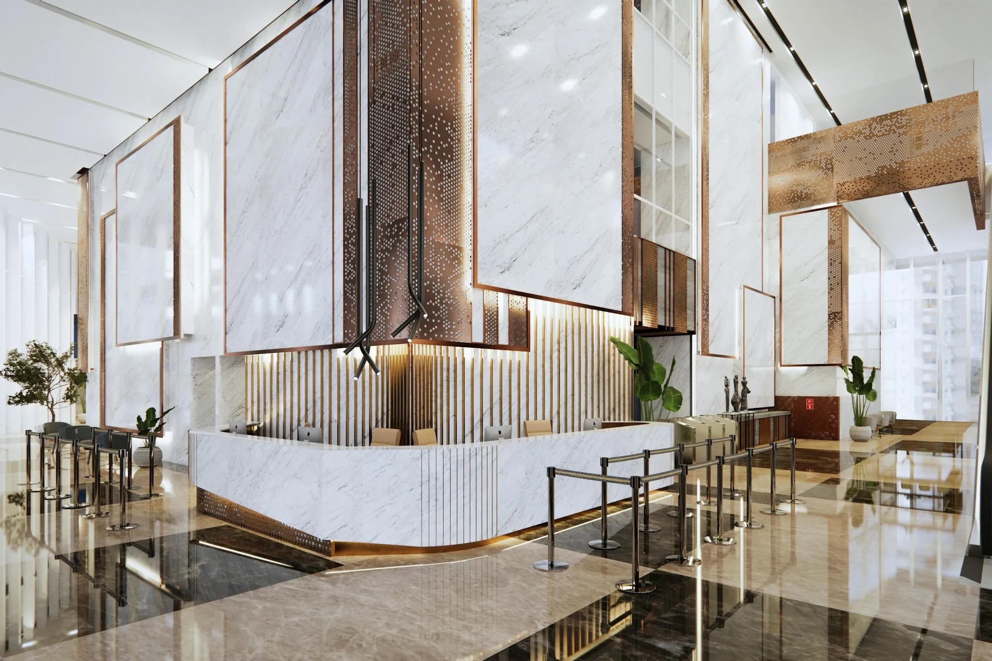 Reception lobby with stone, timber panelling and seating