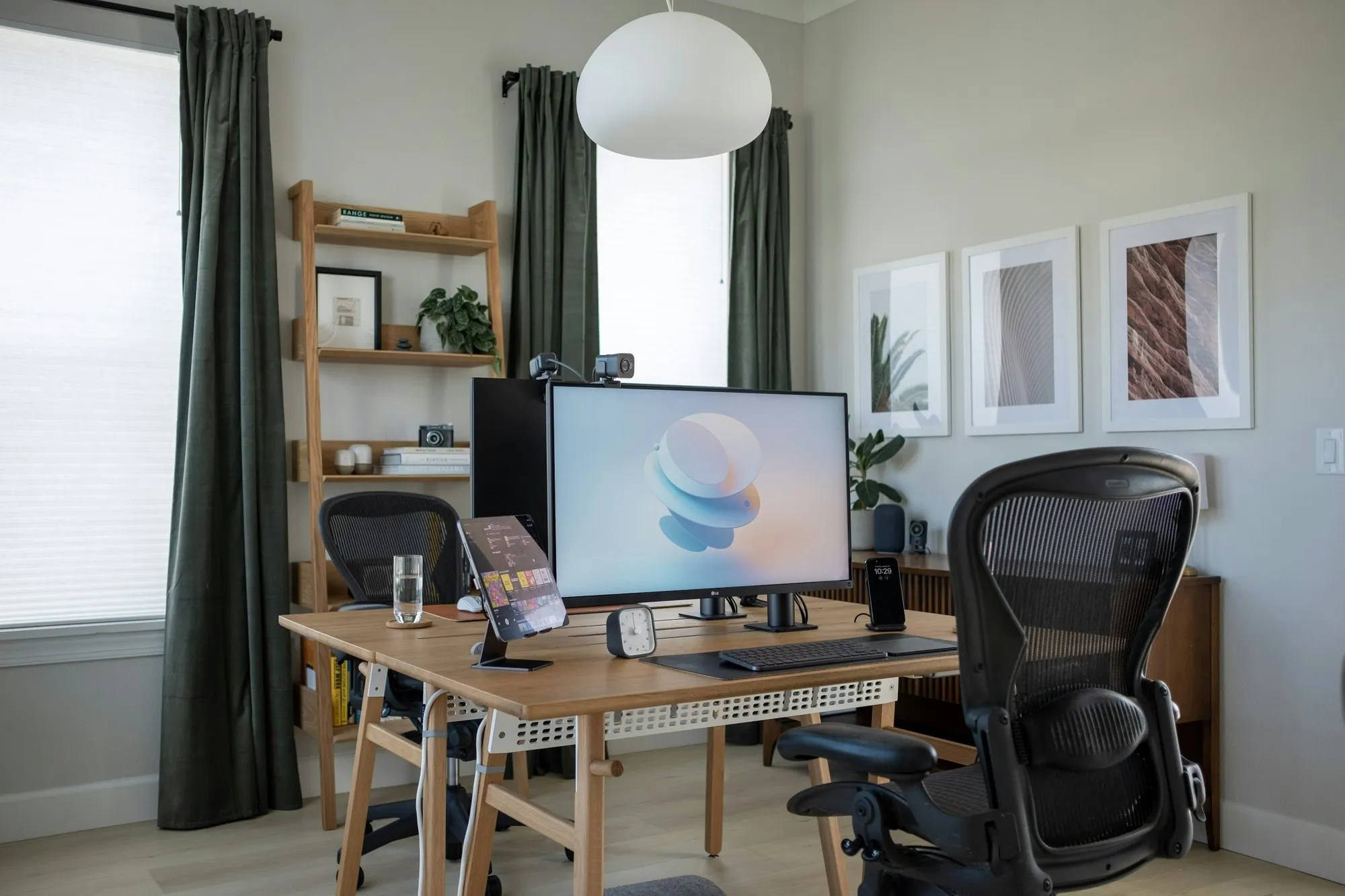 Desk, task chairs and shelving set up for move-in