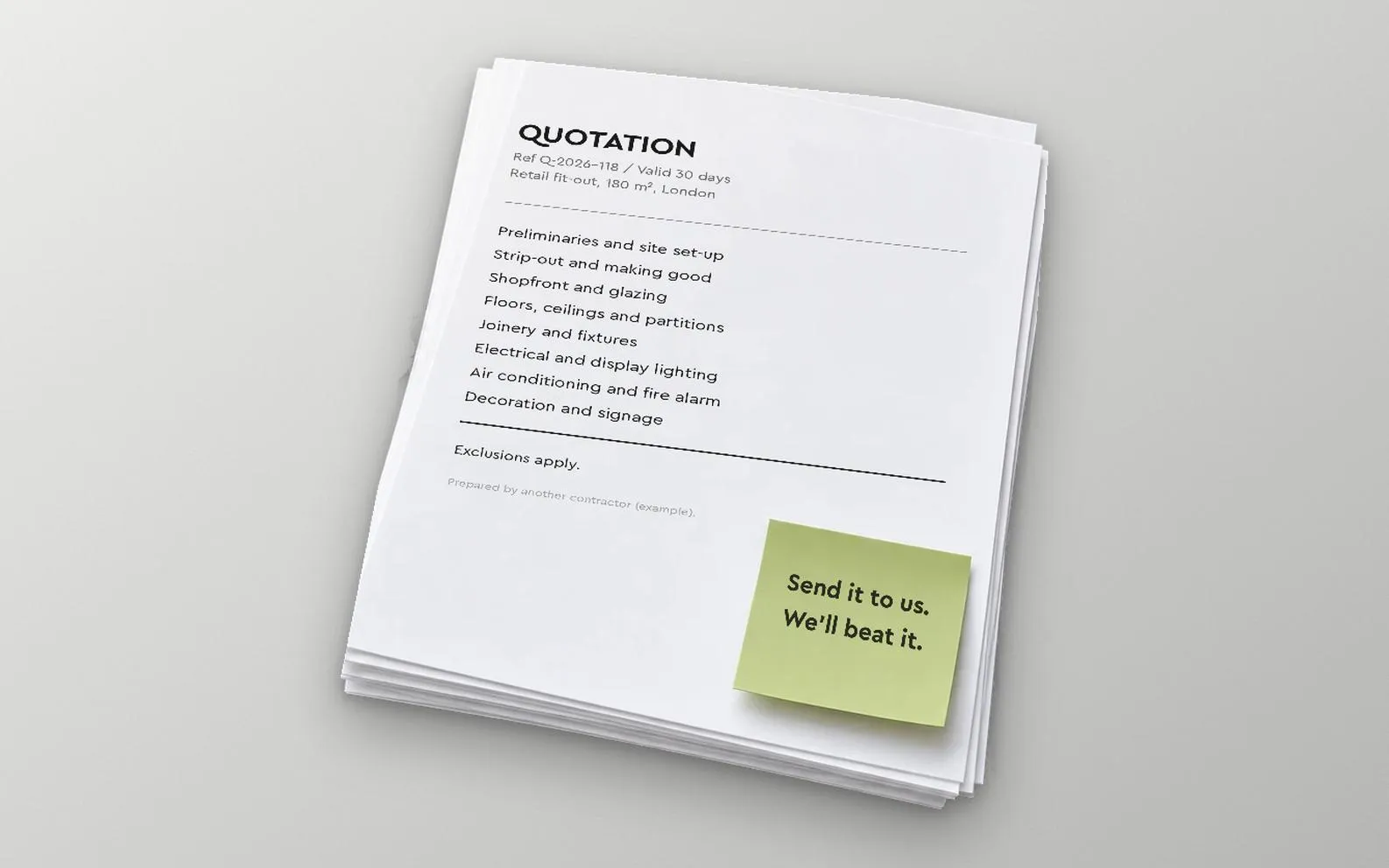 Example retail fit-out quotation from another firm, items listed, with the note: send it to us, we will beat it