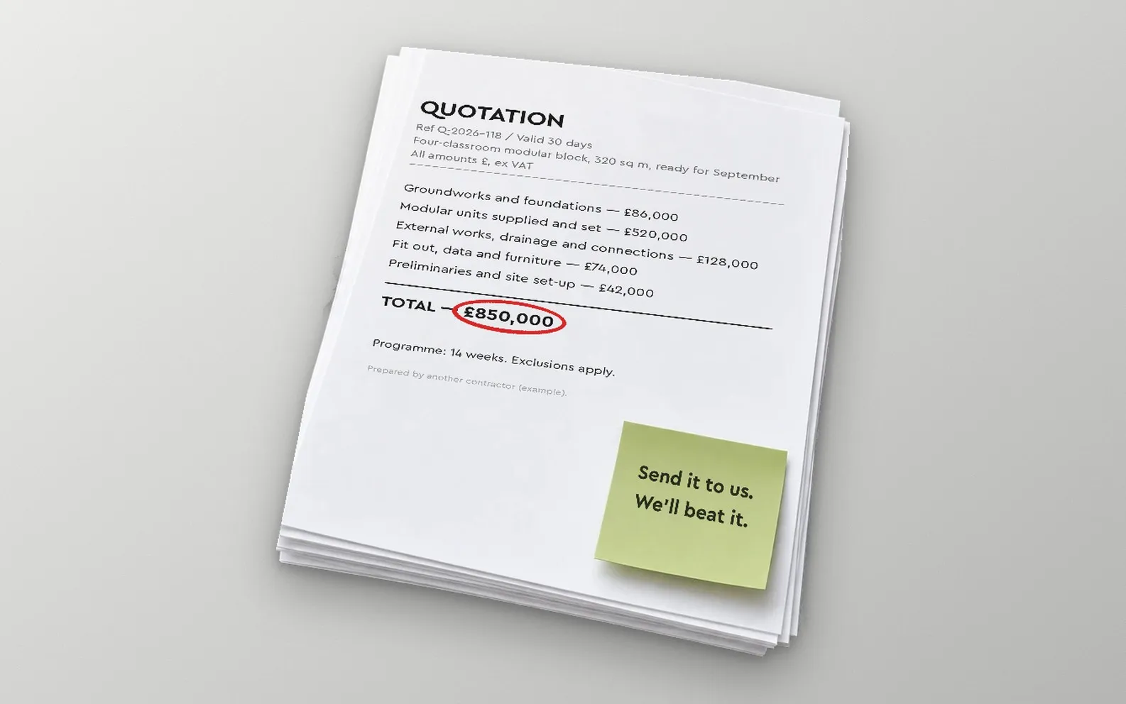 Example contractor quotation for a four-classroom modular block with a sticky note