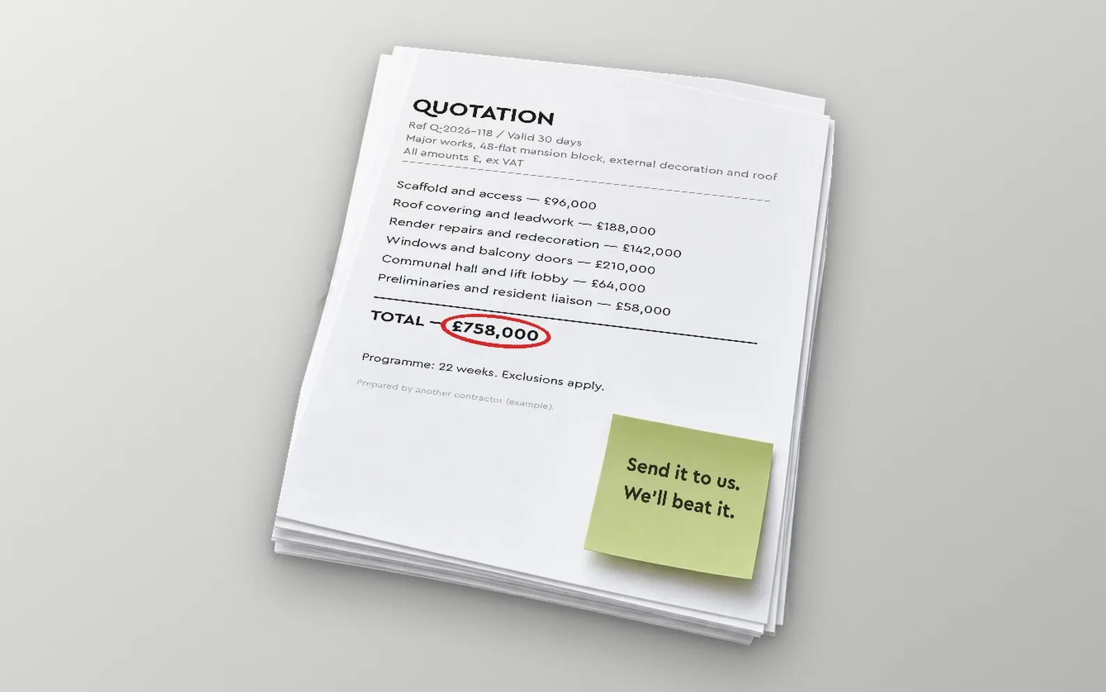 Example quotation for a 48-flat block's major works, with a sticky note