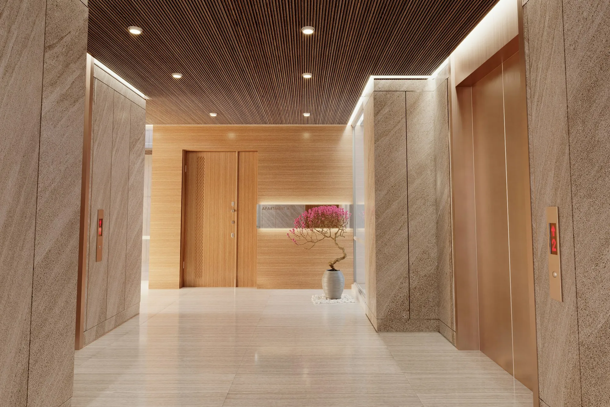 Residential lift lobby with timber-lined walls and lift doors