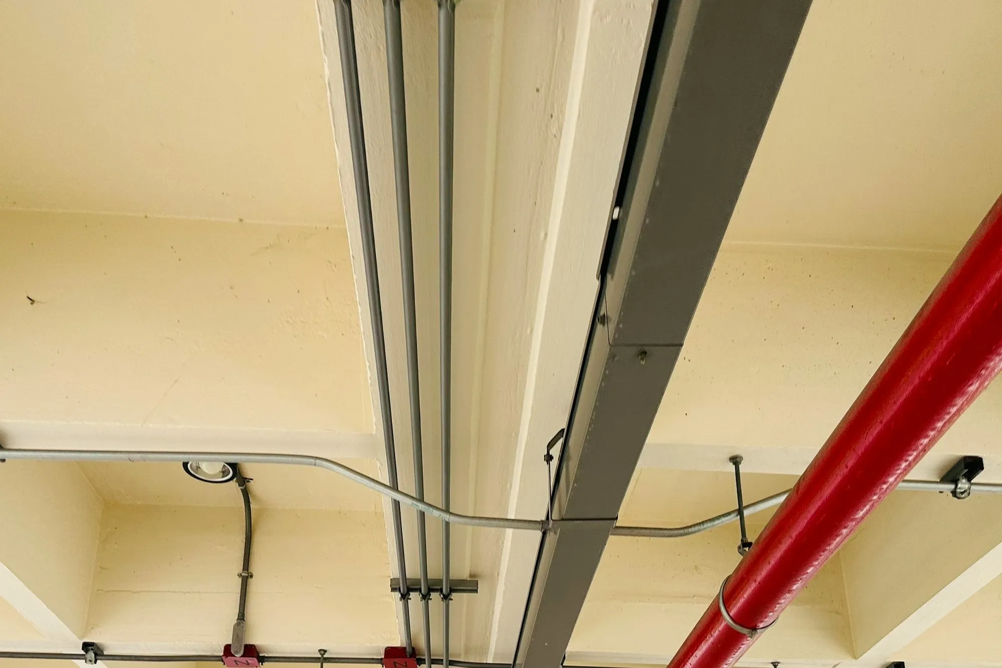 Red fire pipework and electrical conduit along a ceiling