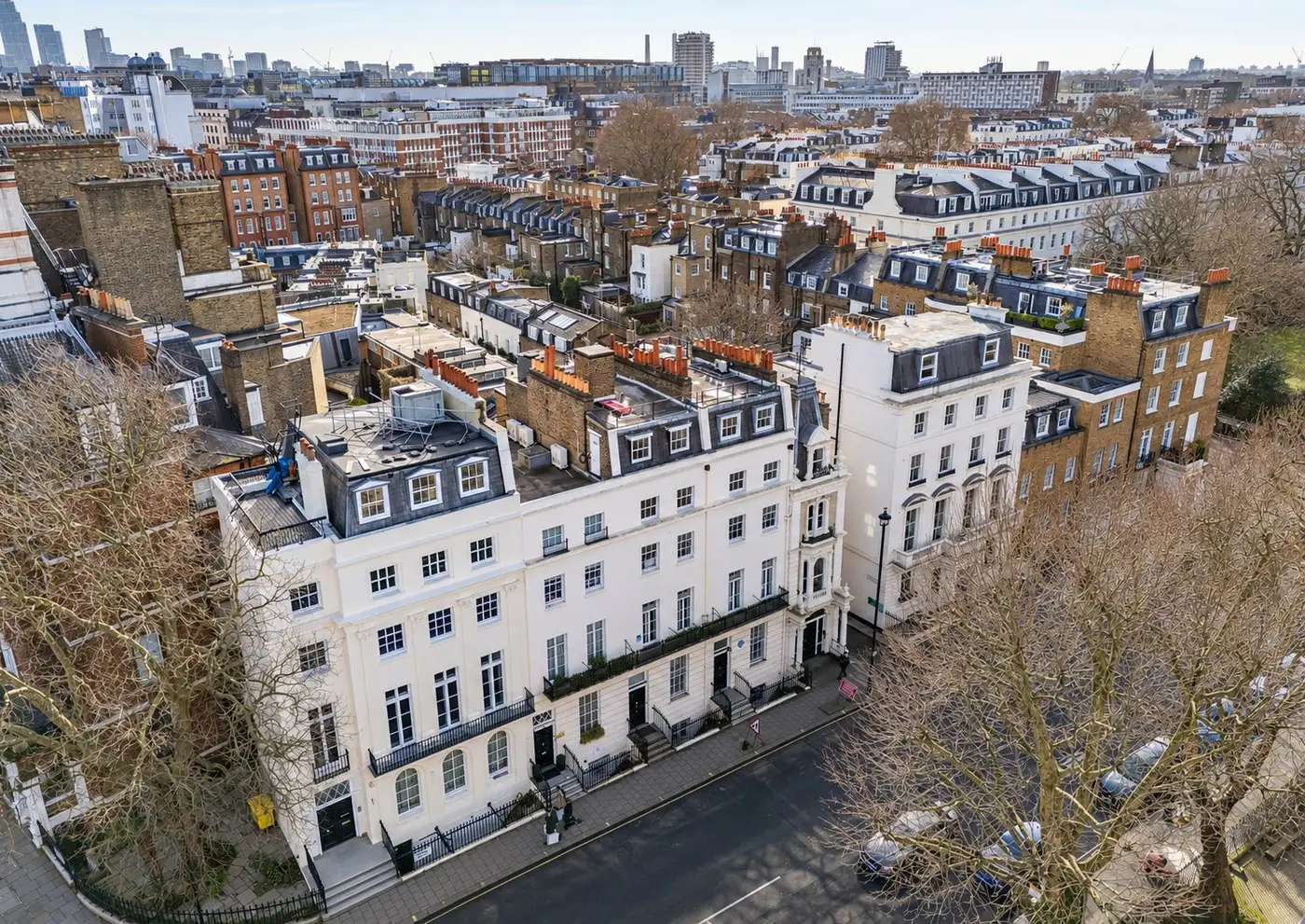 Aerial view of a Belgravia terrace corner and surrounding streets