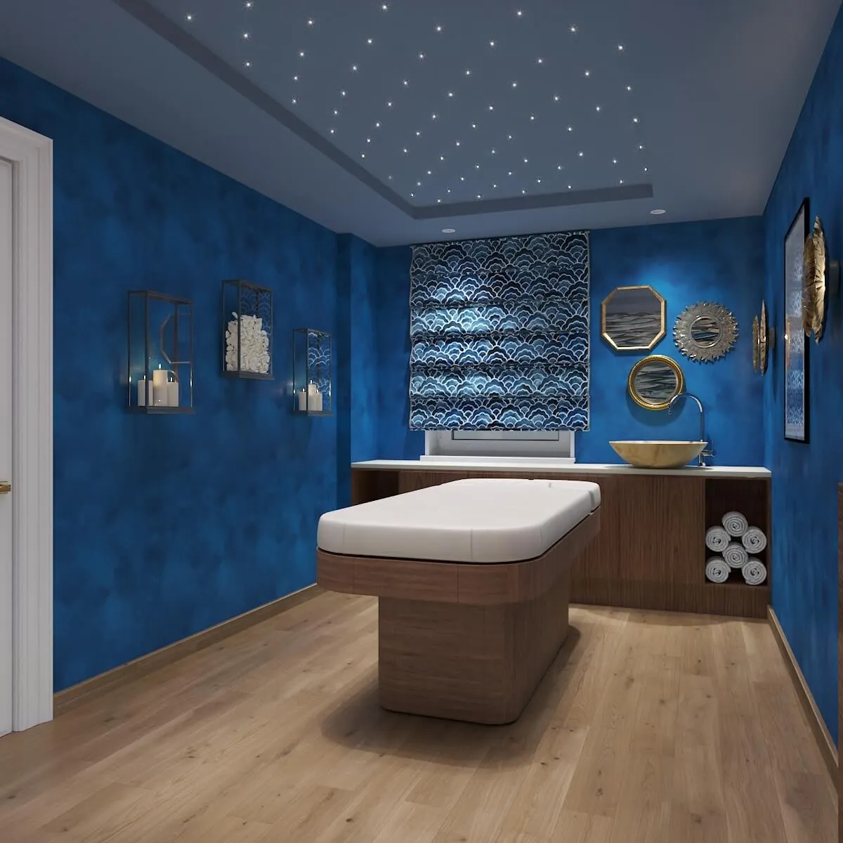 Turquoise chandeliers fish scale tiles