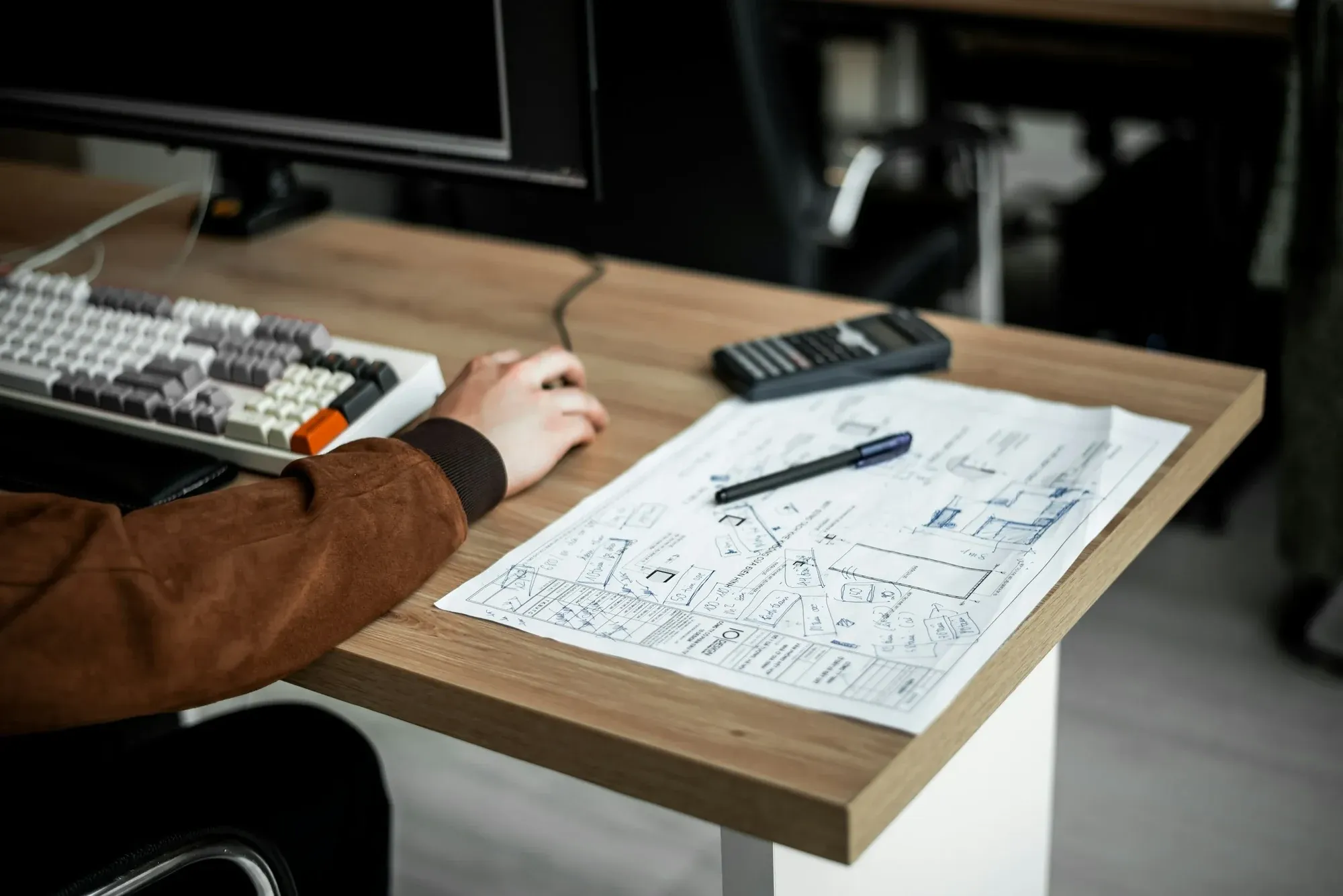 Hand-drawn sketch plans on a desk next to a calculator, pen and keyboard