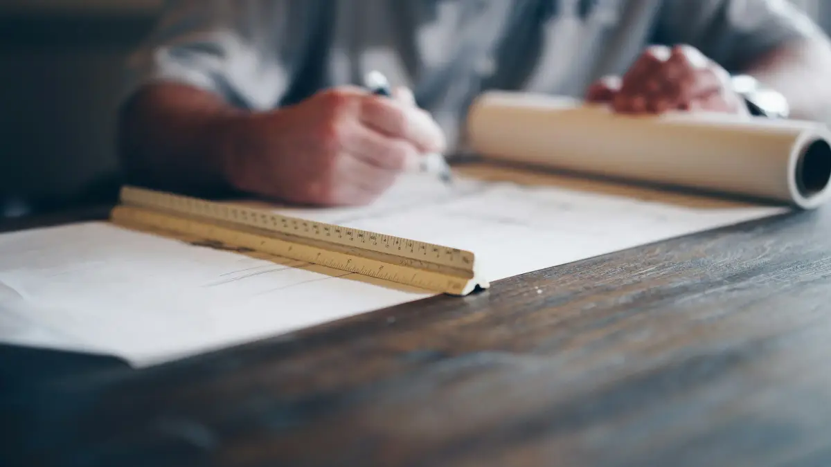 Hands drafting a plan with a pencil and scale rule, with a roll of drawings on the table