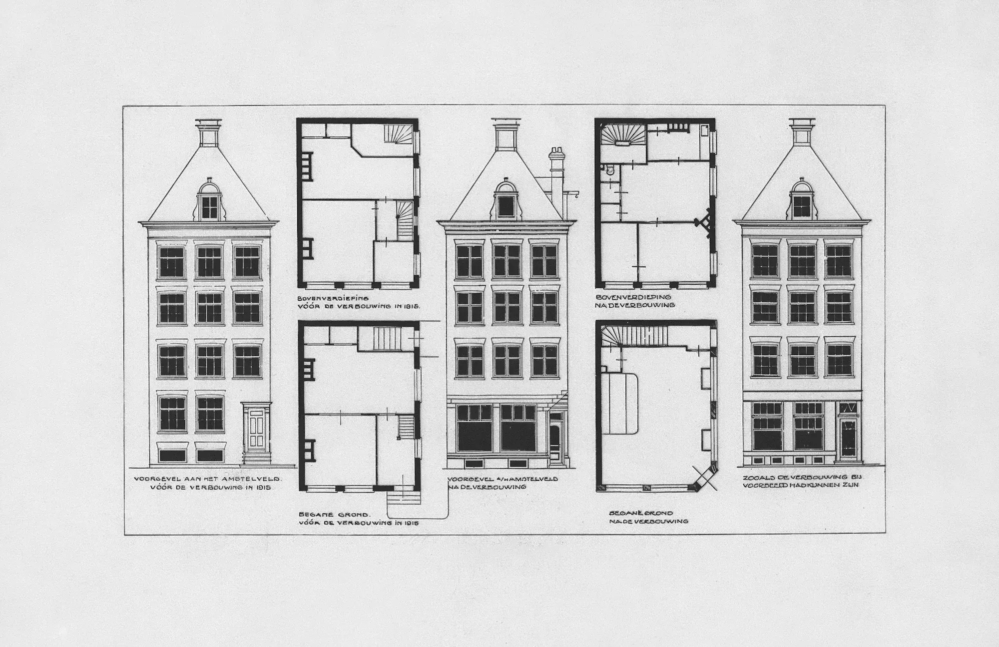 Historic architect's drawing of a townhouse alteration, with front elevations and floor plans before and after