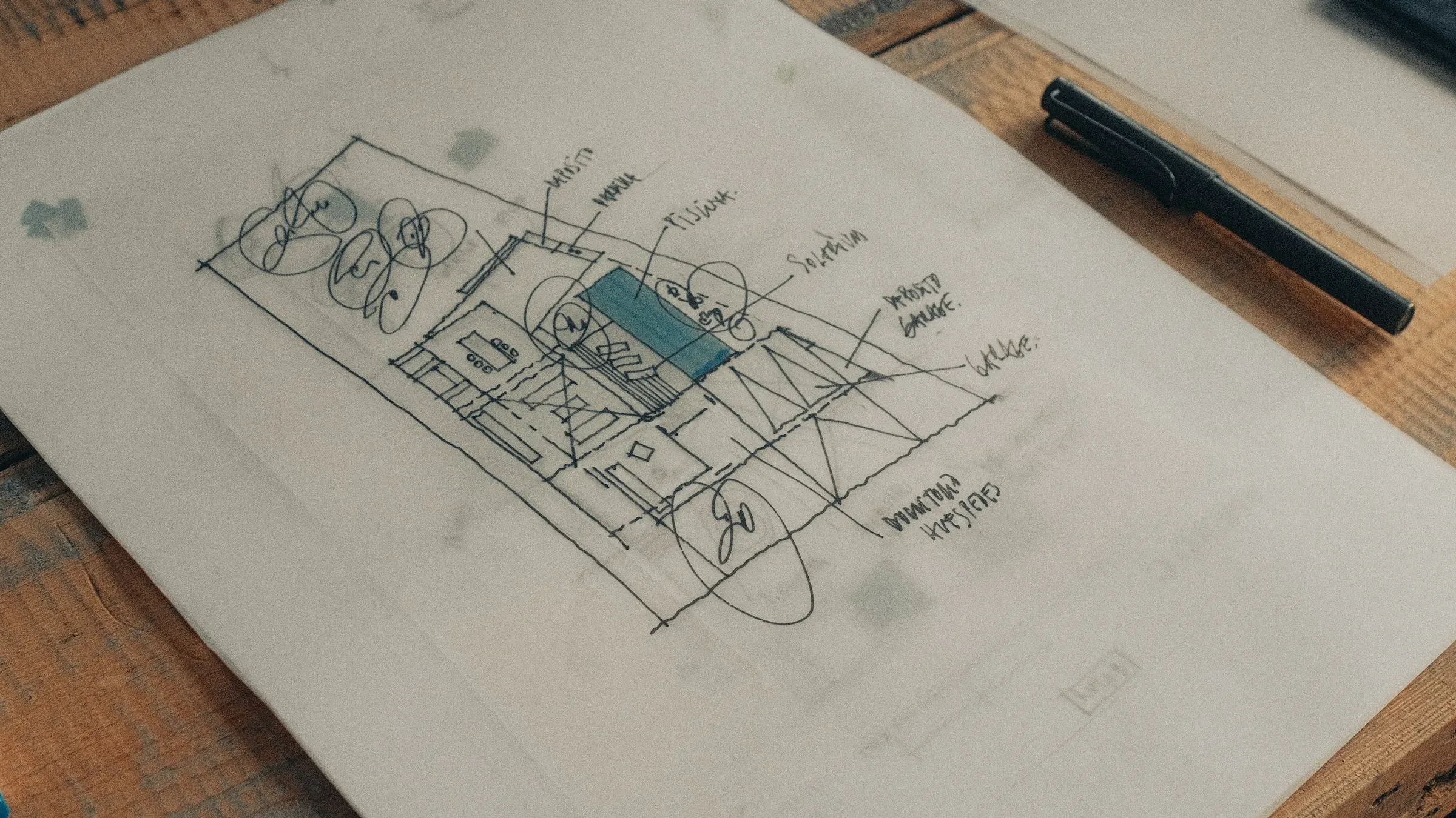 Hand-drawn floor plan sketch with annotations and a pen on a timber desk