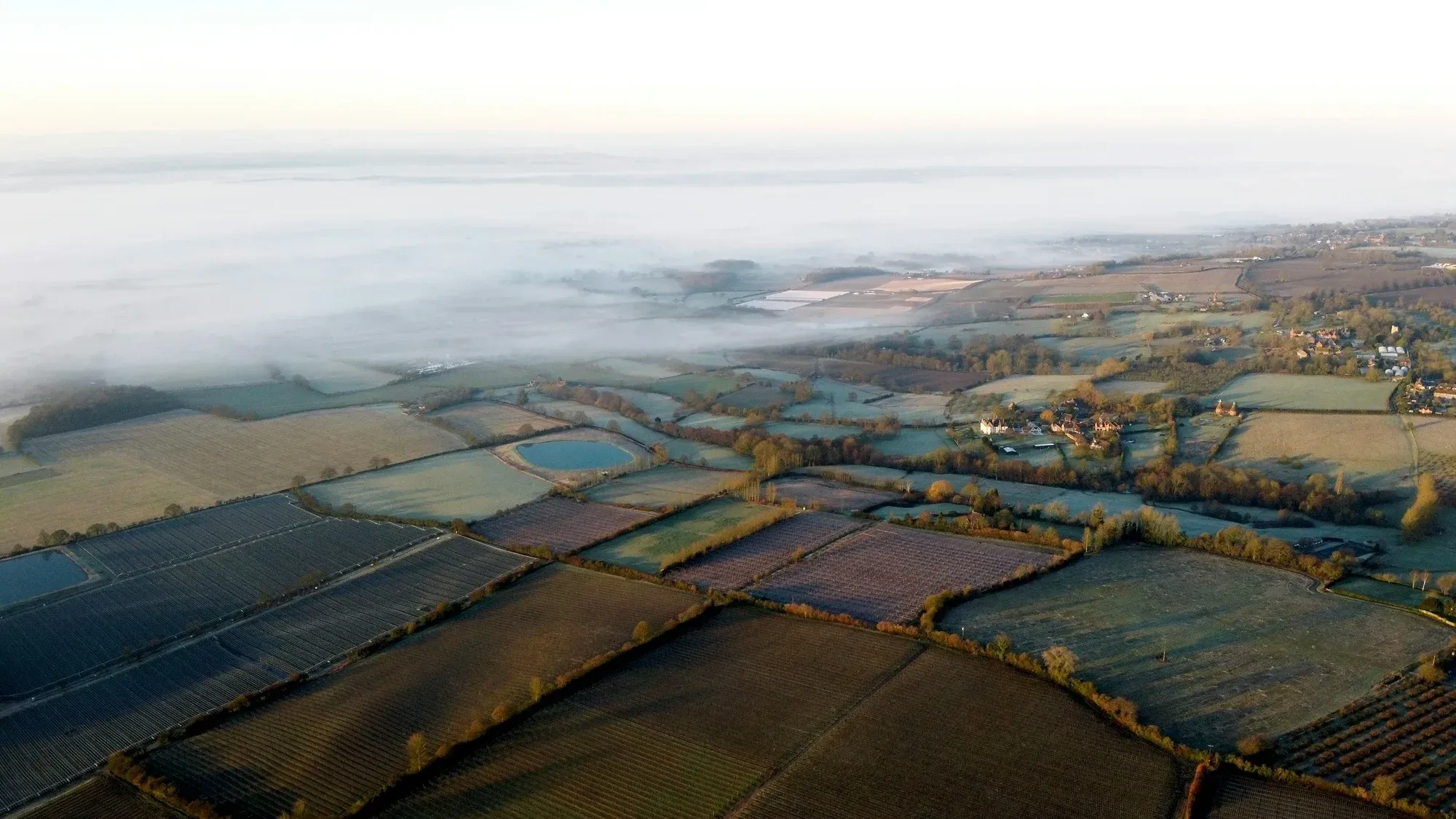 Aerial view of fields and hedgerows under morning mist