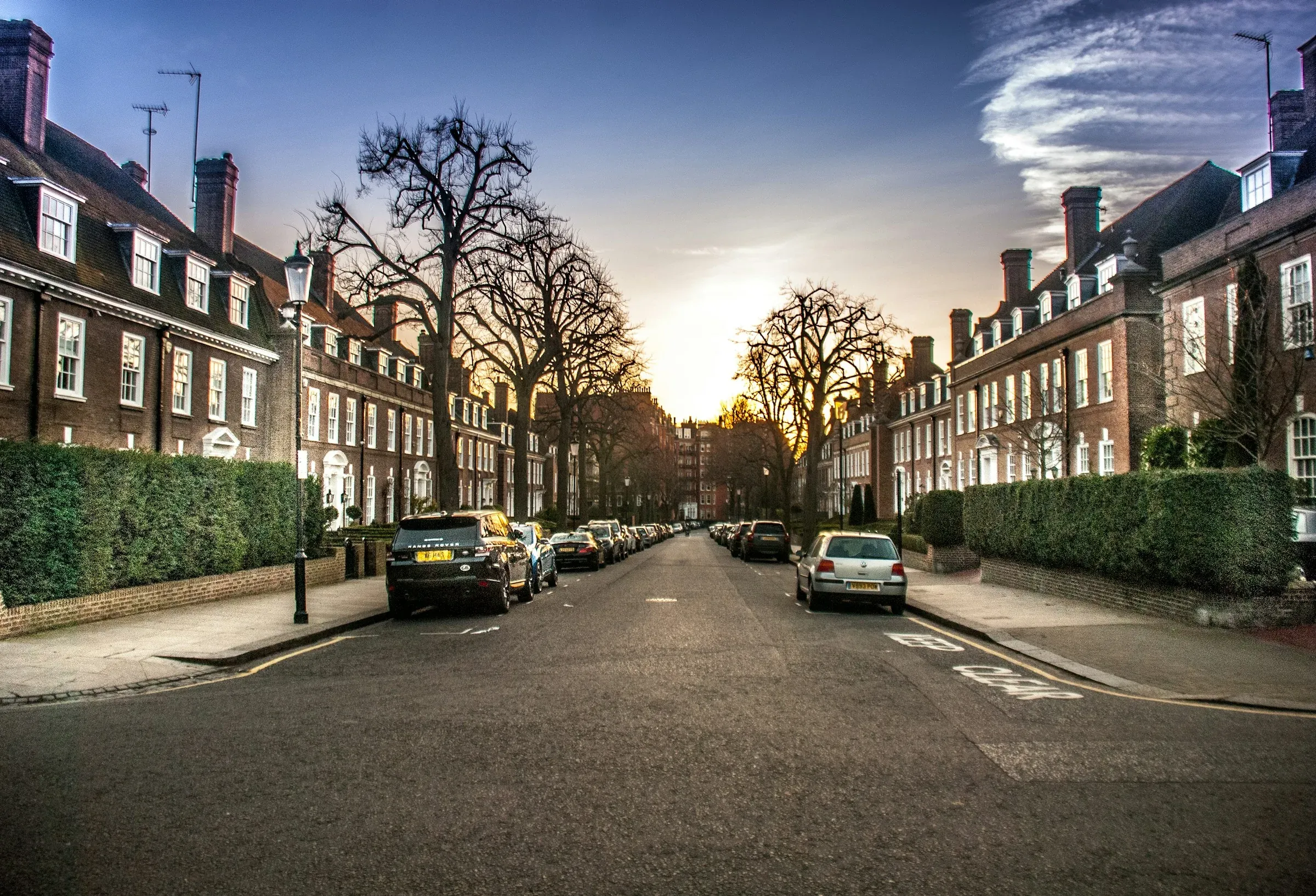 Tree-lined London residential street with brick terraced houses