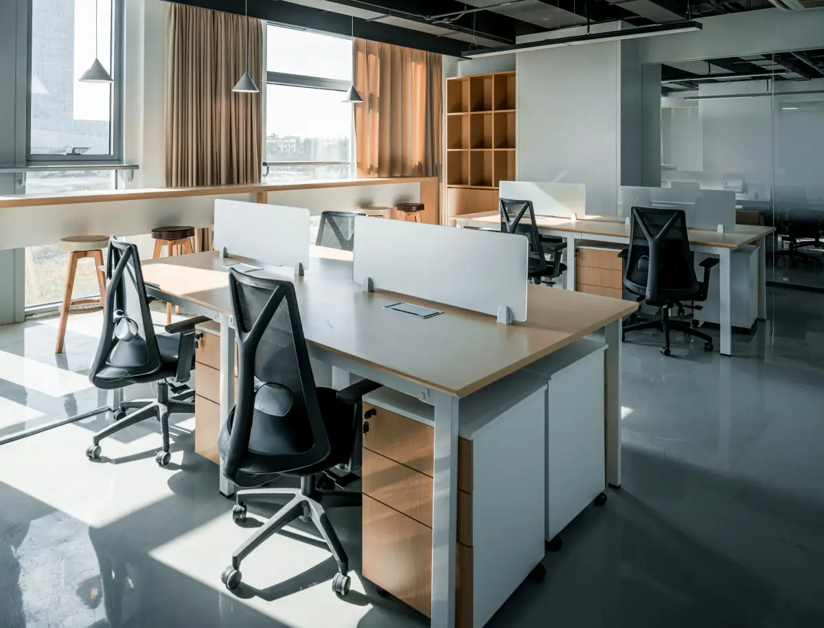 Bright office floor with white-topped timber desks, black mesh chairs and low-sun daylight from tall windows
