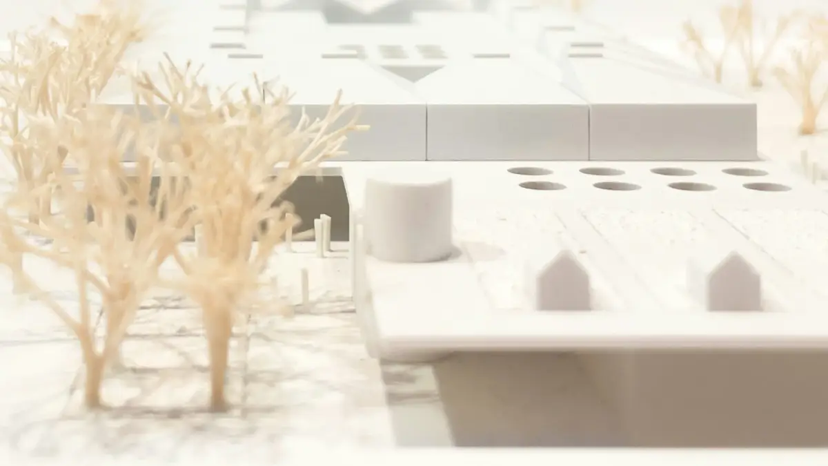 White massing model of a low-rise scheme with balsa trees, seen at table height