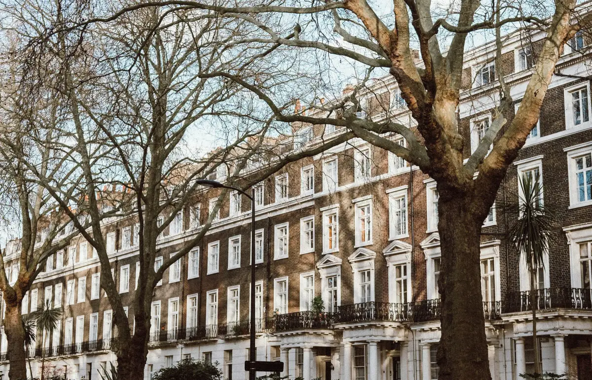 Stucco and brick period terrace with iron balconies behind plane trees on a London garden square