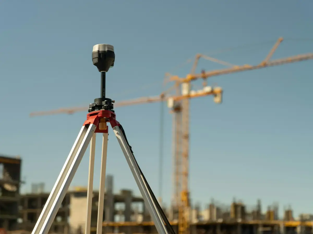 Surveying instrument on a tripod in front of a construction site with tower cranes