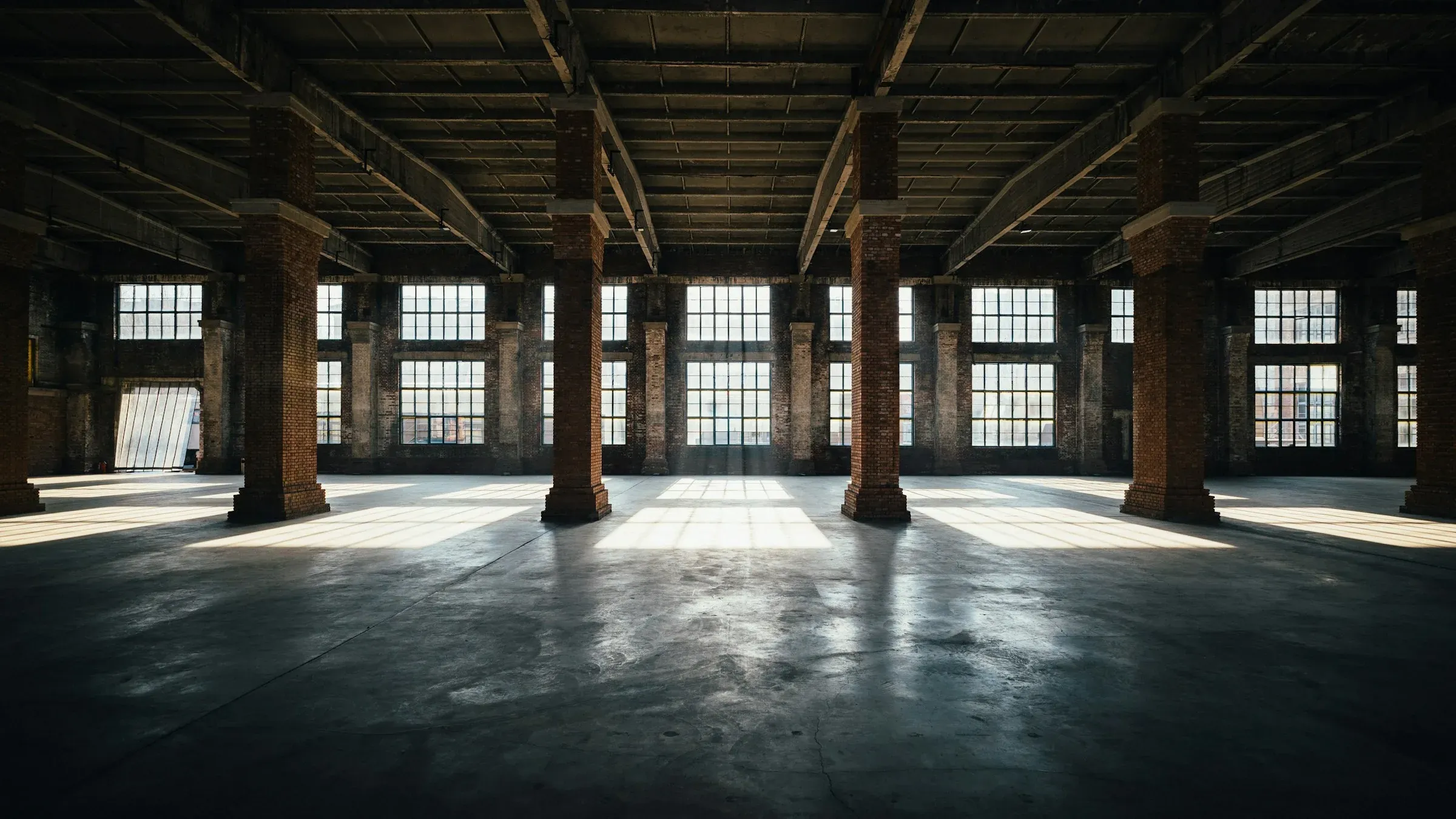 Empty multi-storey industrial building with brick columns, timber beams and tall windows letting low sun onto a concrete floor