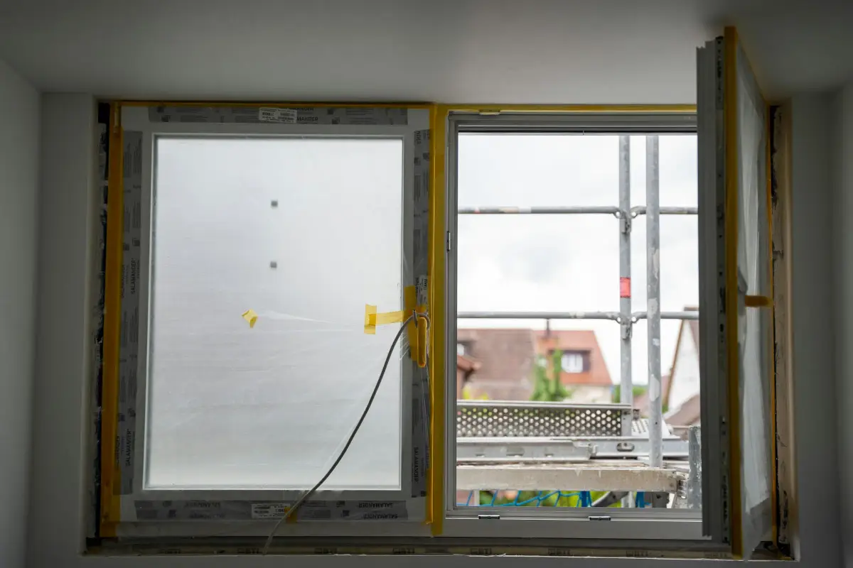 Newly fitted window still wrapped in protective film, with scaffolding and rooftops outside
