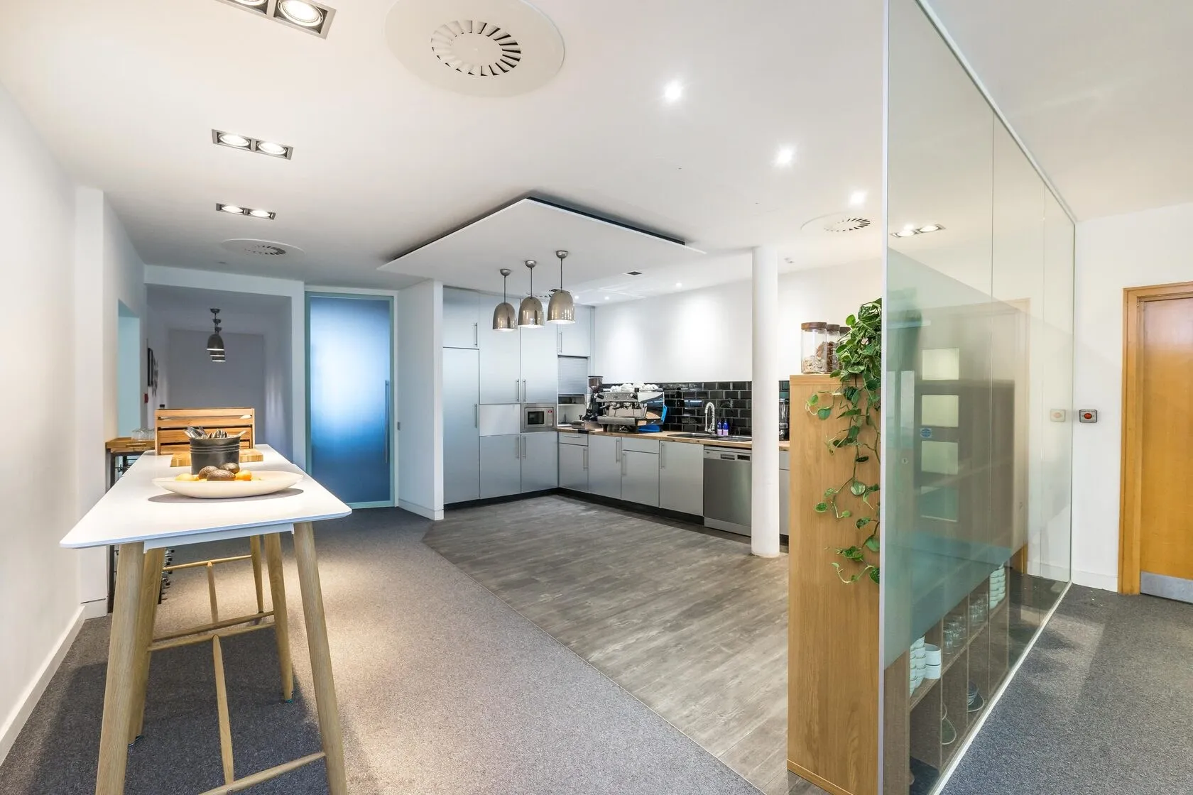 Refurbished office kitchen and breakout area at Beaumont House, High Street Kensington