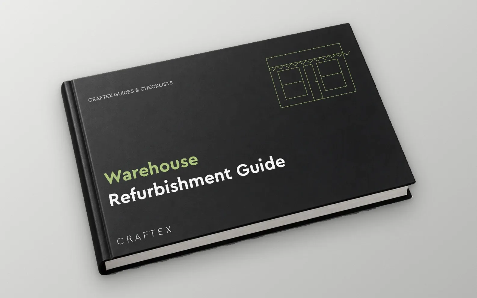 Black hardback book titled Warehouse Refurbishment Guide