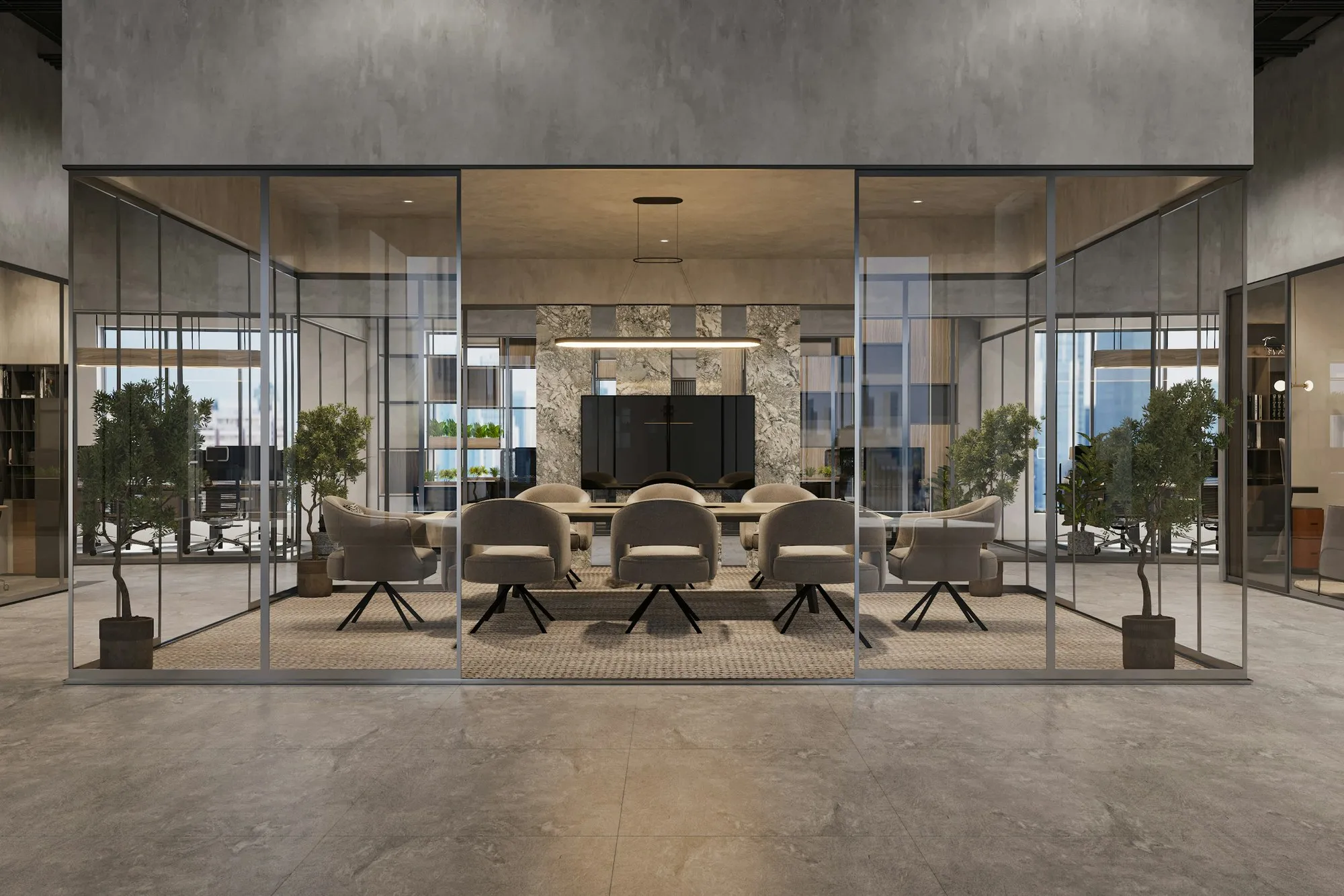 Glass-walled meeting room inside a large industrial building