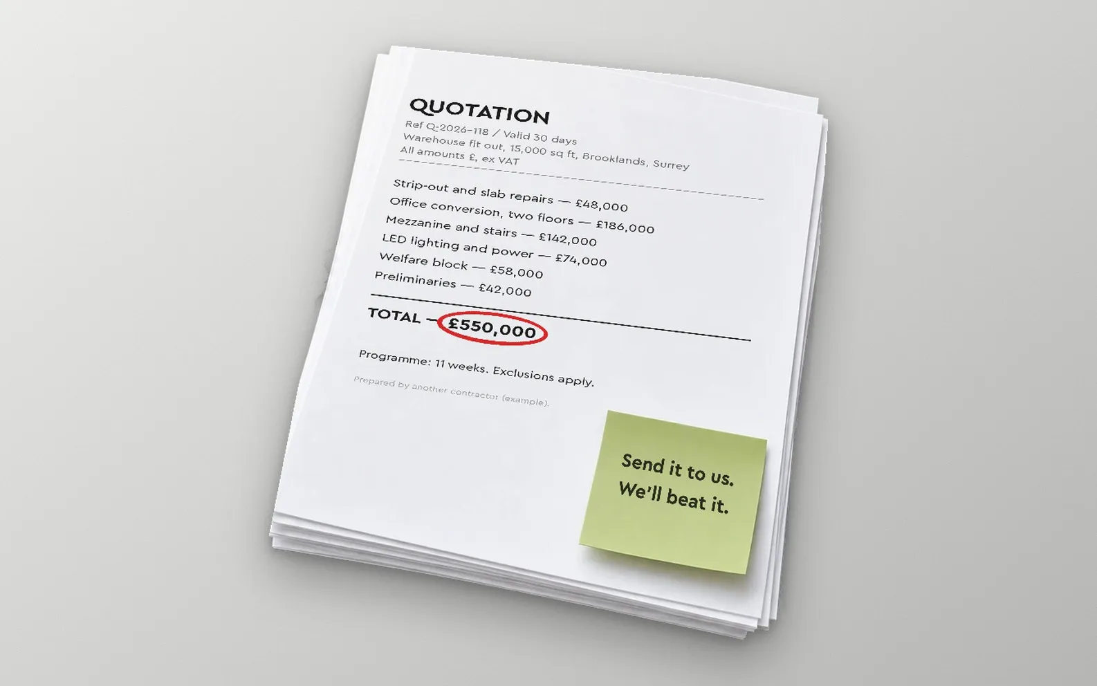 Sample quotation for a Surrey warehouse refurbishment with the total ringed